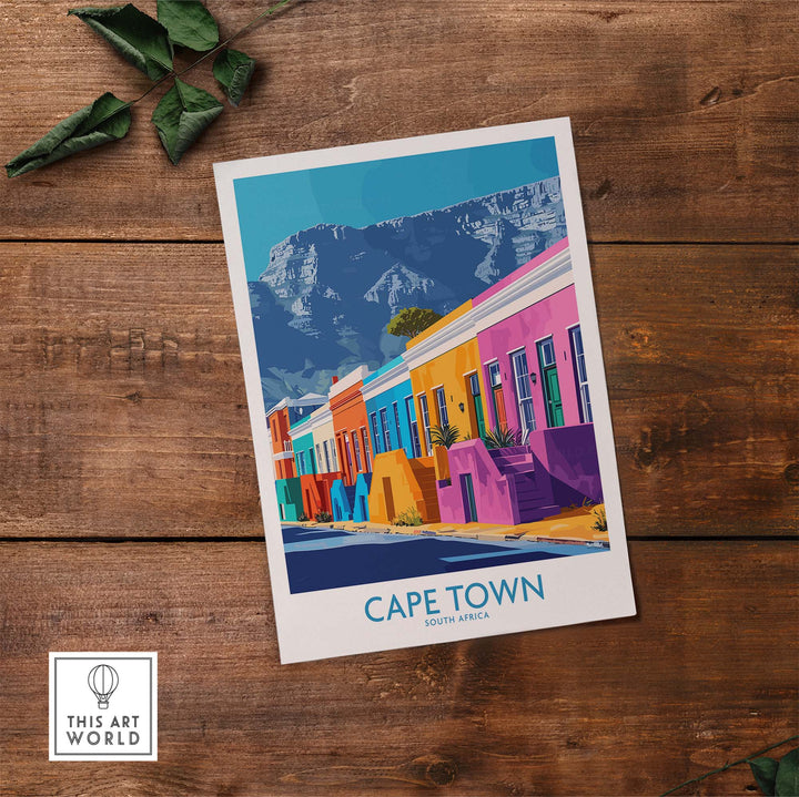 Vibrant Table Mountain Cape Town poster showcasing colorful buildings and iconic landscape in South Africa.