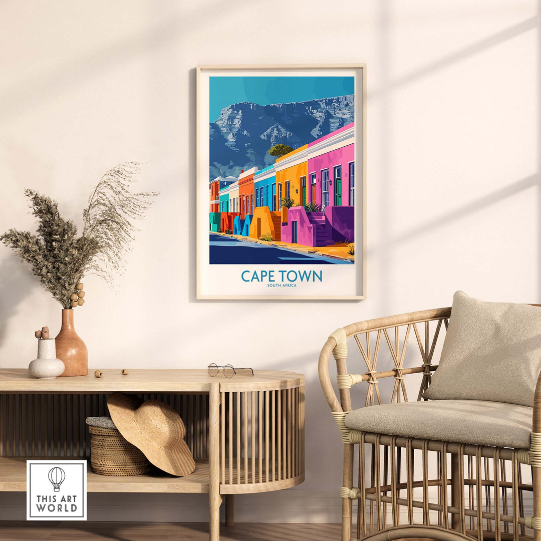 Cape Town poster featuring colorful buildings and Table Mountain, perfect for home decor and travel enthusiasts.