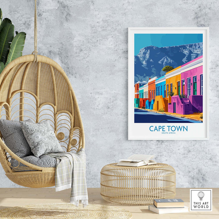Colorful Cape Town poster featuring Table Mountain, displayed in a modern home setting with a hanging chair and decorative elements.