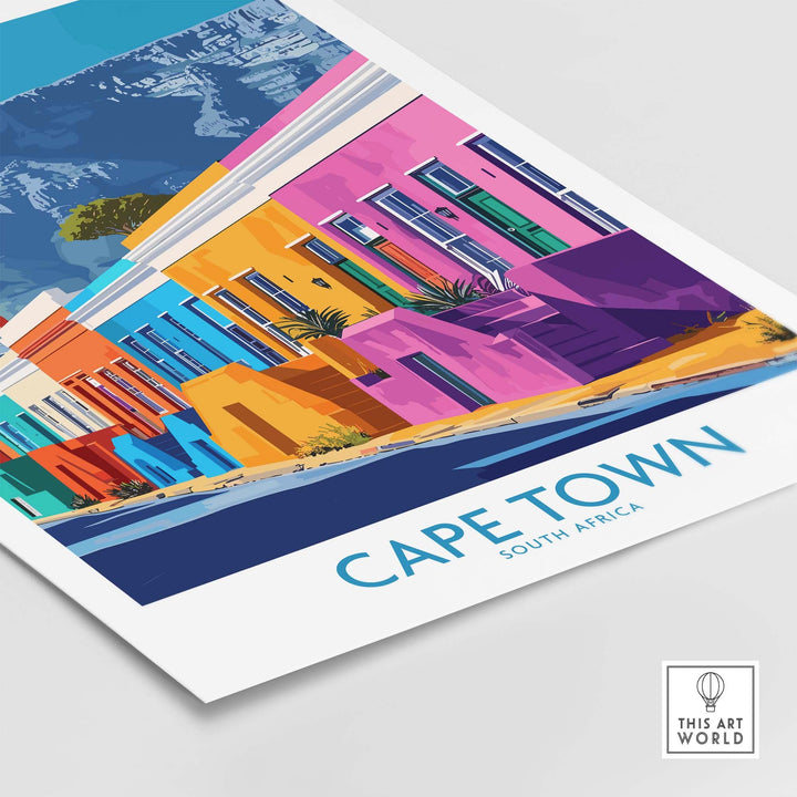 Colorful Cape Town poster showcasing vibrant buildings with the text "Cape Town, South Africa" in artistic font.