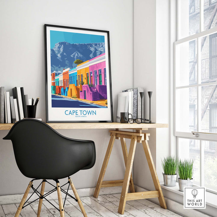 Table Mountain Cape Town poster displayed on a wall above a stylish desk in a modern interior setting.