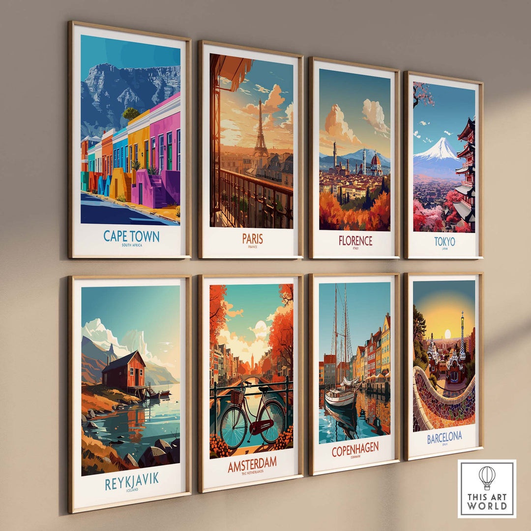 Colorful travel posters of iconic cities including Cape Town, Paris, Florence, Tokyo, Reykjavik, Amsterdam, Copenhagen, and Barcelona.