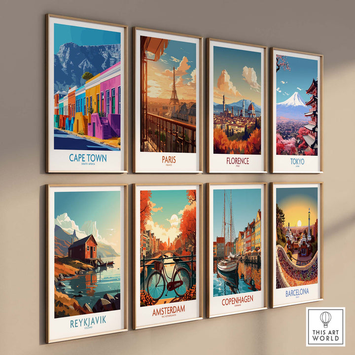 Colorful travel posters of iconic cities including Cape Town, Paris, Florence, Tokyo, Reykjavik, Amsterdam, Copenhagen, and Barcelona.