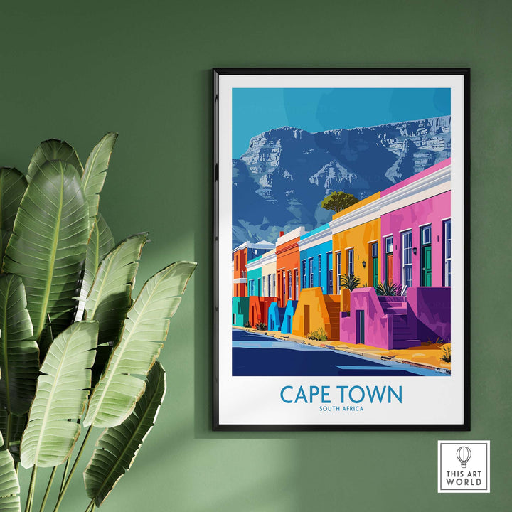 Vibrant Cape Town poster featuring colorful houses and Table Mountain, perfect for home decor and travel enthusiasts.