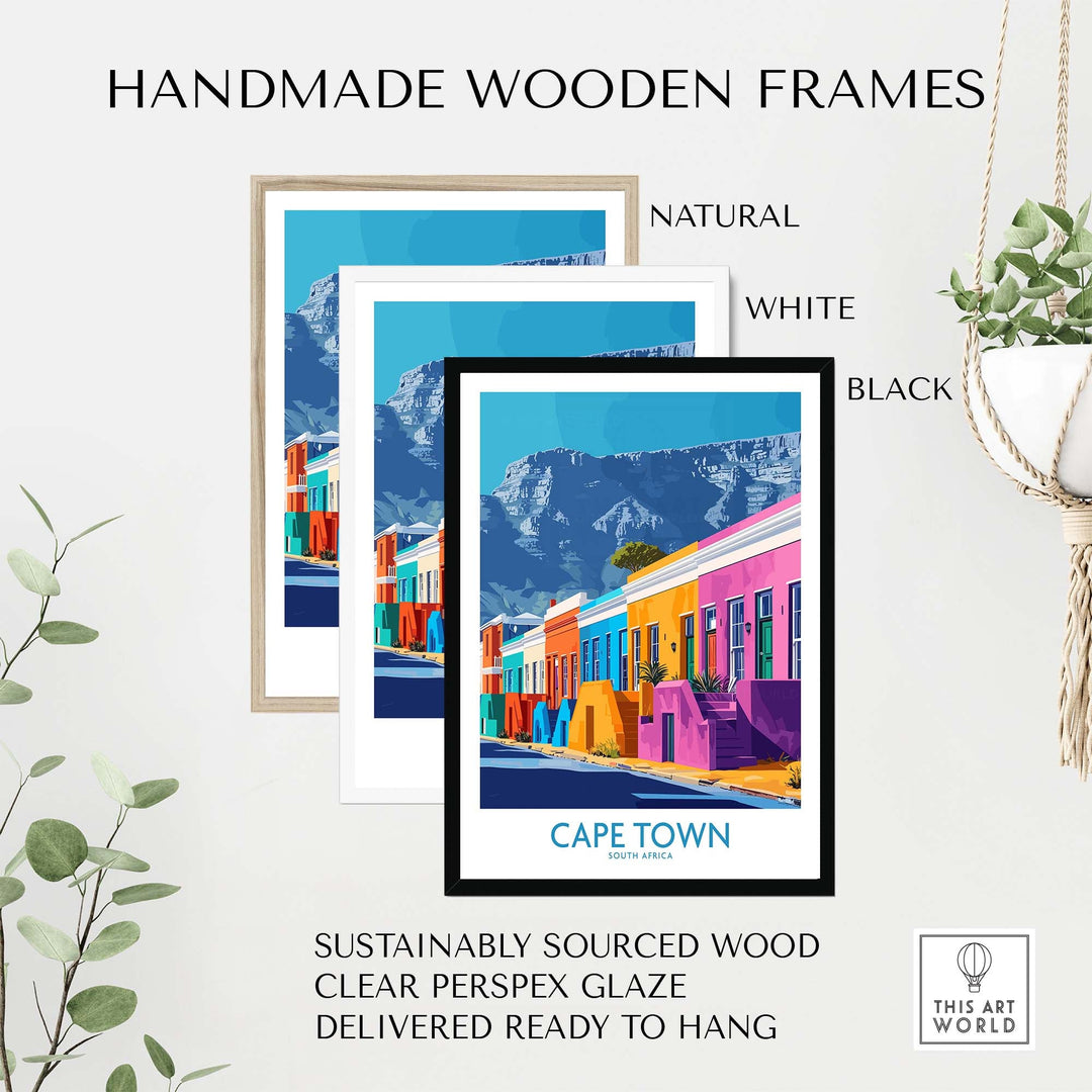 Handmade wooden frames in natural, white, and black colors displaying a Cape Town poster with clear perspex glaze.