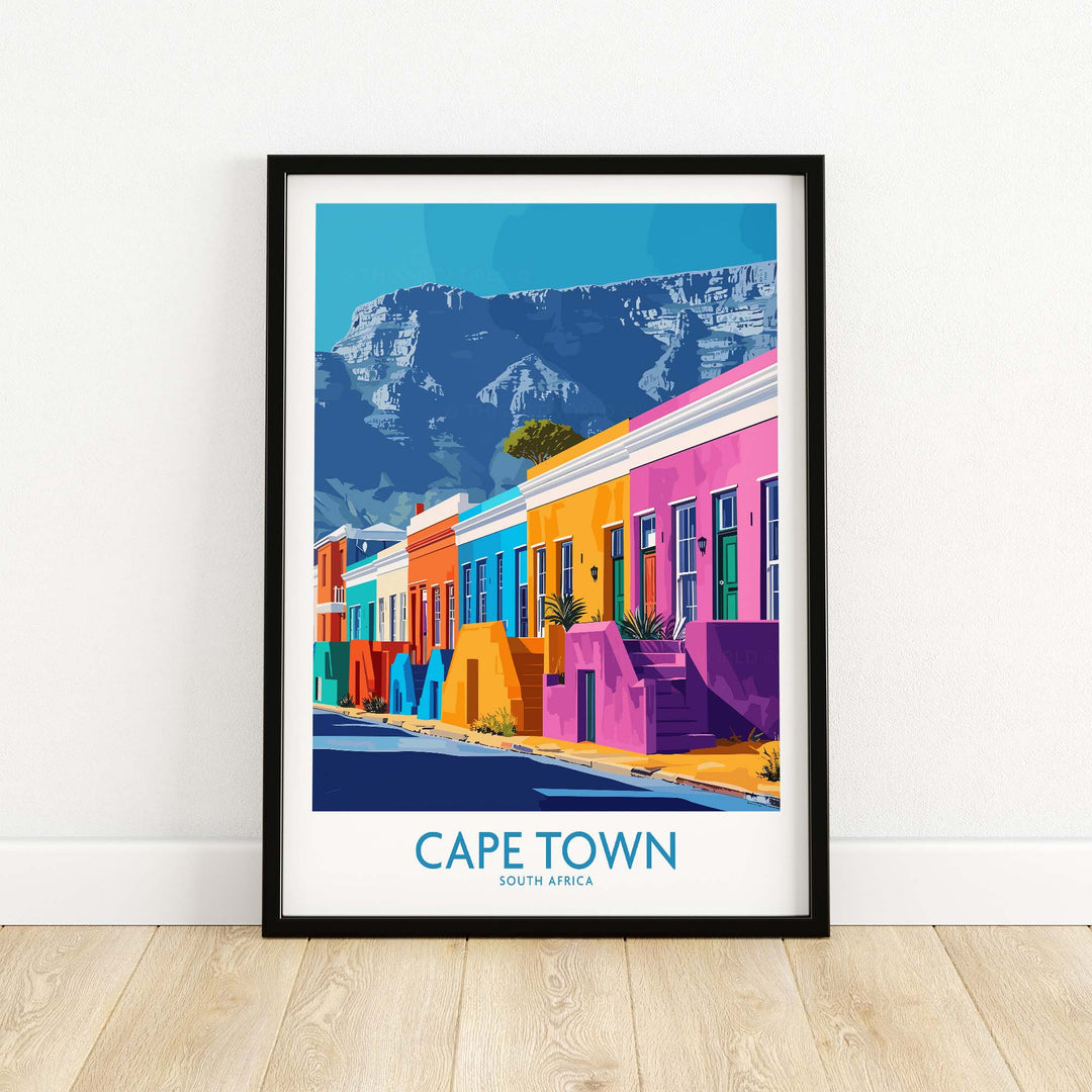 Colorful Cape Town poster featuring Table Mountain and vibrant buildings in South Africa. Perfect for home decor.