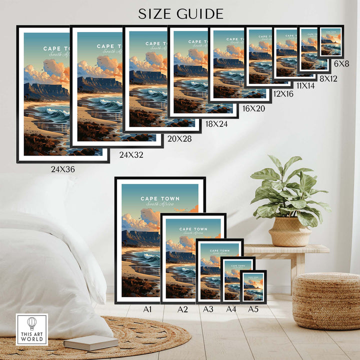 Size guide for Table Mountain poster with various frame sizes displayed in a stylish interior setting.