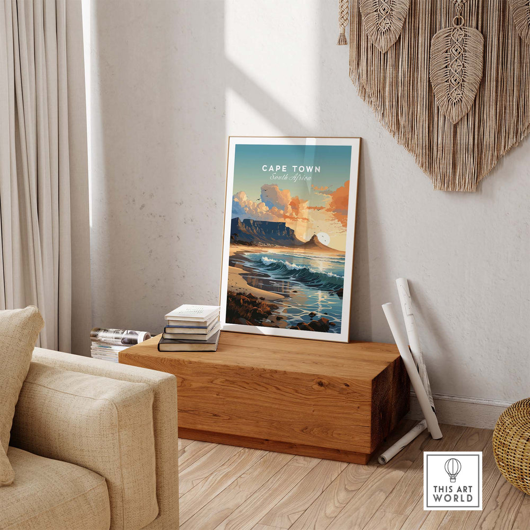Table Mountain poster in a stylish living room, showcasing Cape Town's stunning landscape and vibrant colors.