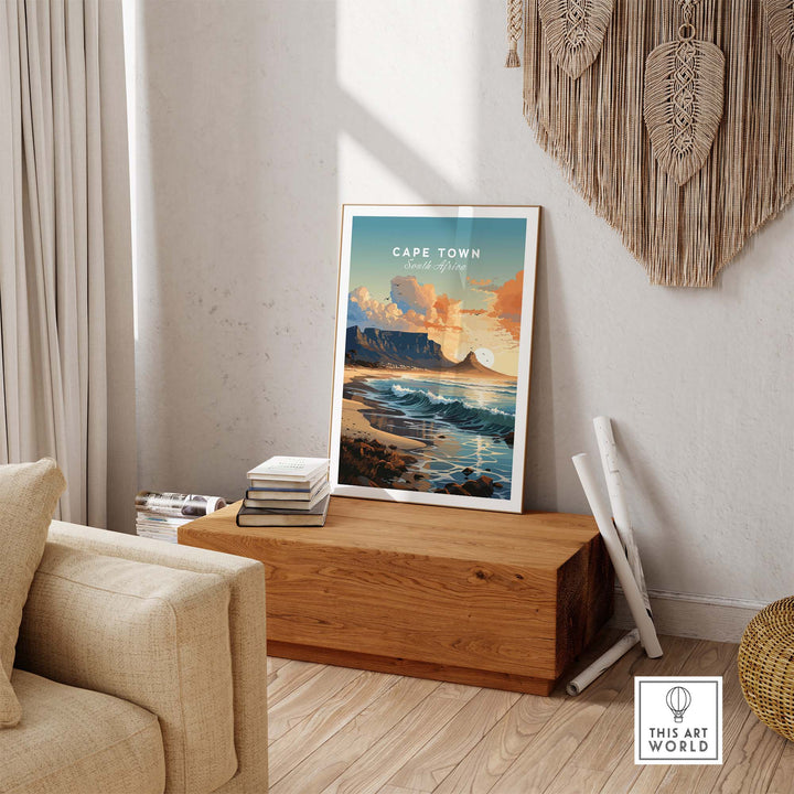 Table Mountain poster in a stylish living room, showcasing Cape Town's stunning landscape and vibrant colors.