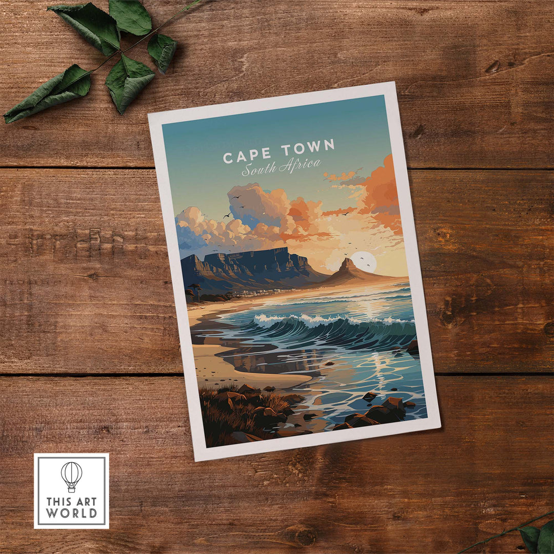 Cape Town poster showcasing stunning coastal views and Table Mountain, perfect for home decor and travel inspiration.
