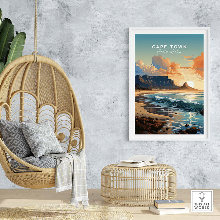Table Mountain poster in stylish decor showcasing Cape Town's scenic beauty and coastal landscape. Perfect for home inspiration.