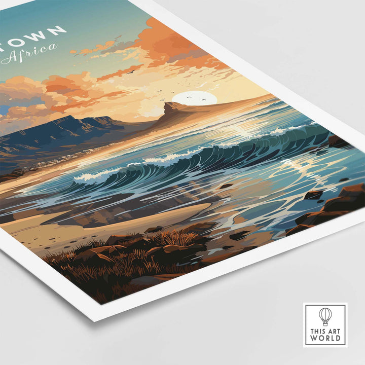 Table Mountain poster featuring waves and sunset, capturing the beauty of Cape Town, South Africa. Decorate your space!