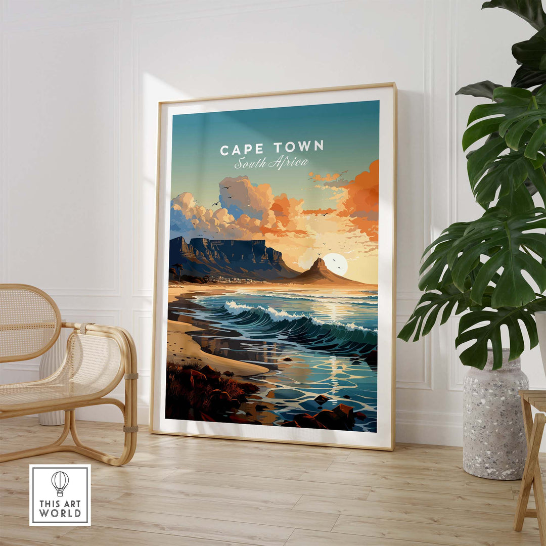 Table Mountain poster in a stylish room, showcasing Cape Town's stunning landscapes and vibrant colors.