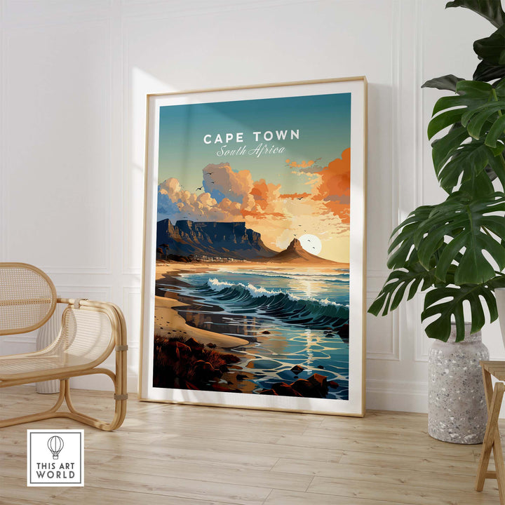 Table Mountain poster in a stylish room, showcasing Cape Town's stunning landscapes and vibrant colors.