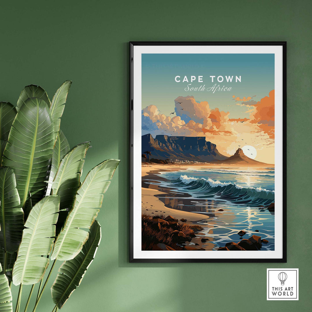 Table Mountain poster featuring Cape Town's stunning coastline and sunset, perfect for home decor and travel inspiration.