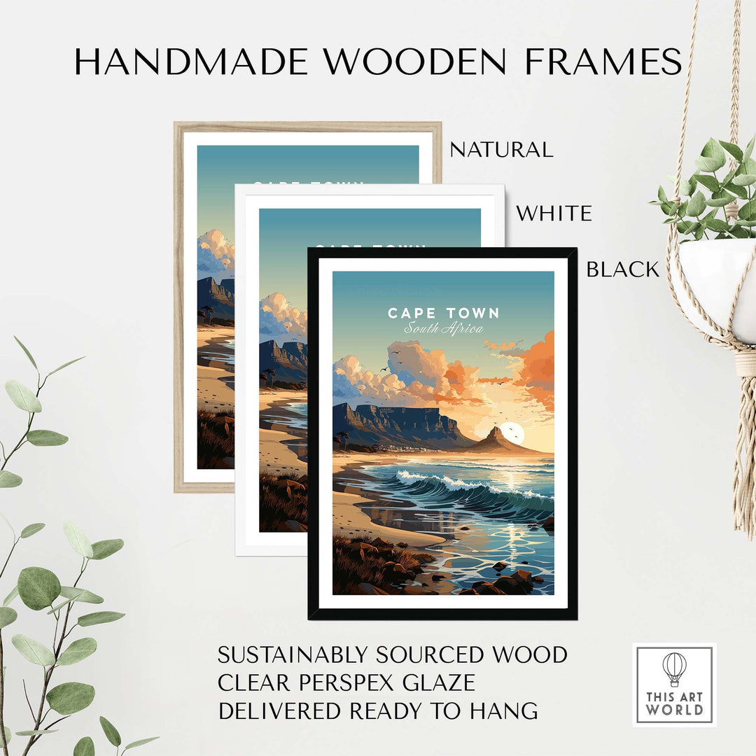 Three handmade wooden frames in natural, white, and black showcasing a Cape Town art poster, sustainably sourced and ready to hang.