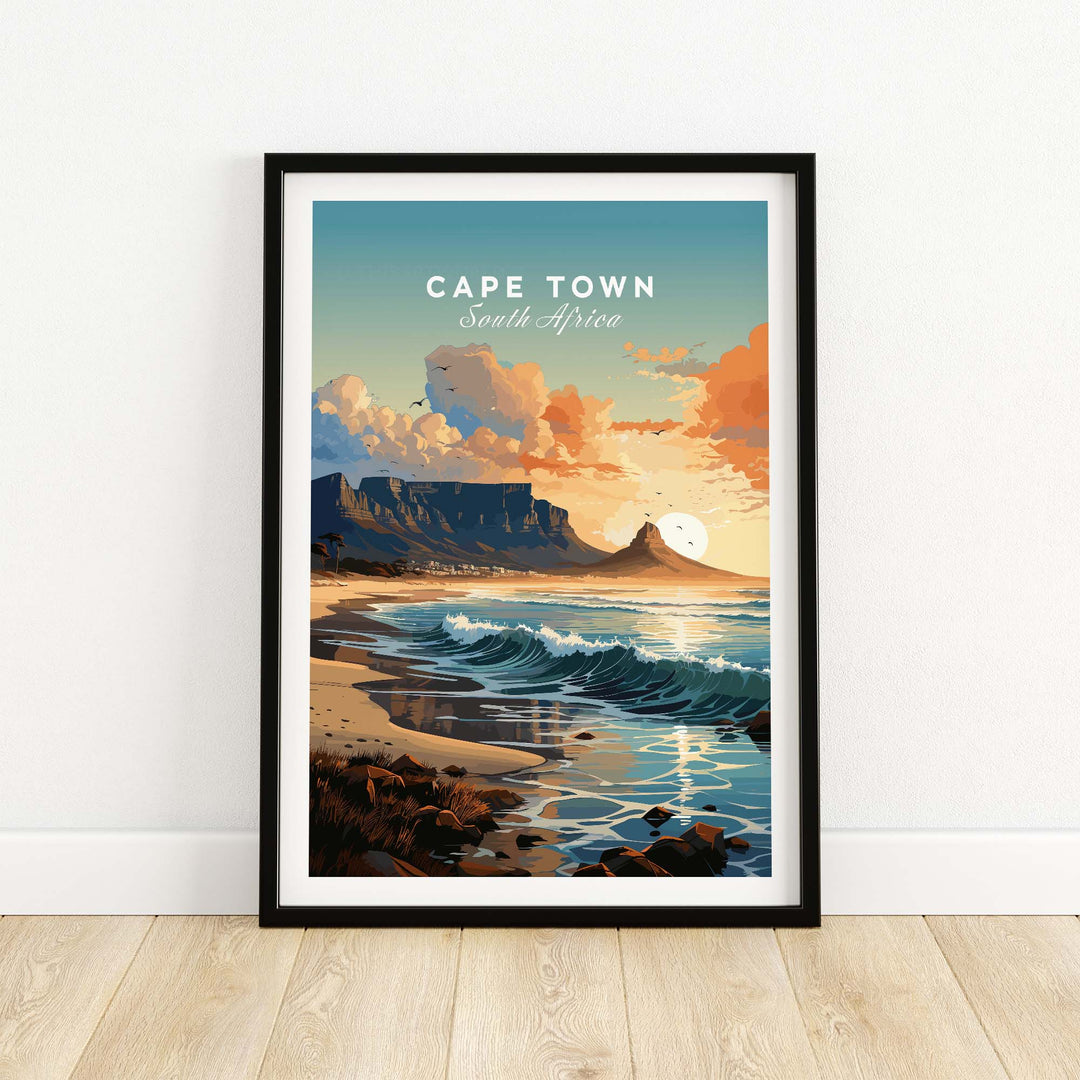 Table Mountain poster showcasing colorful sunset over Cape Town's shoreline, adding a vibrant touch to home decor.