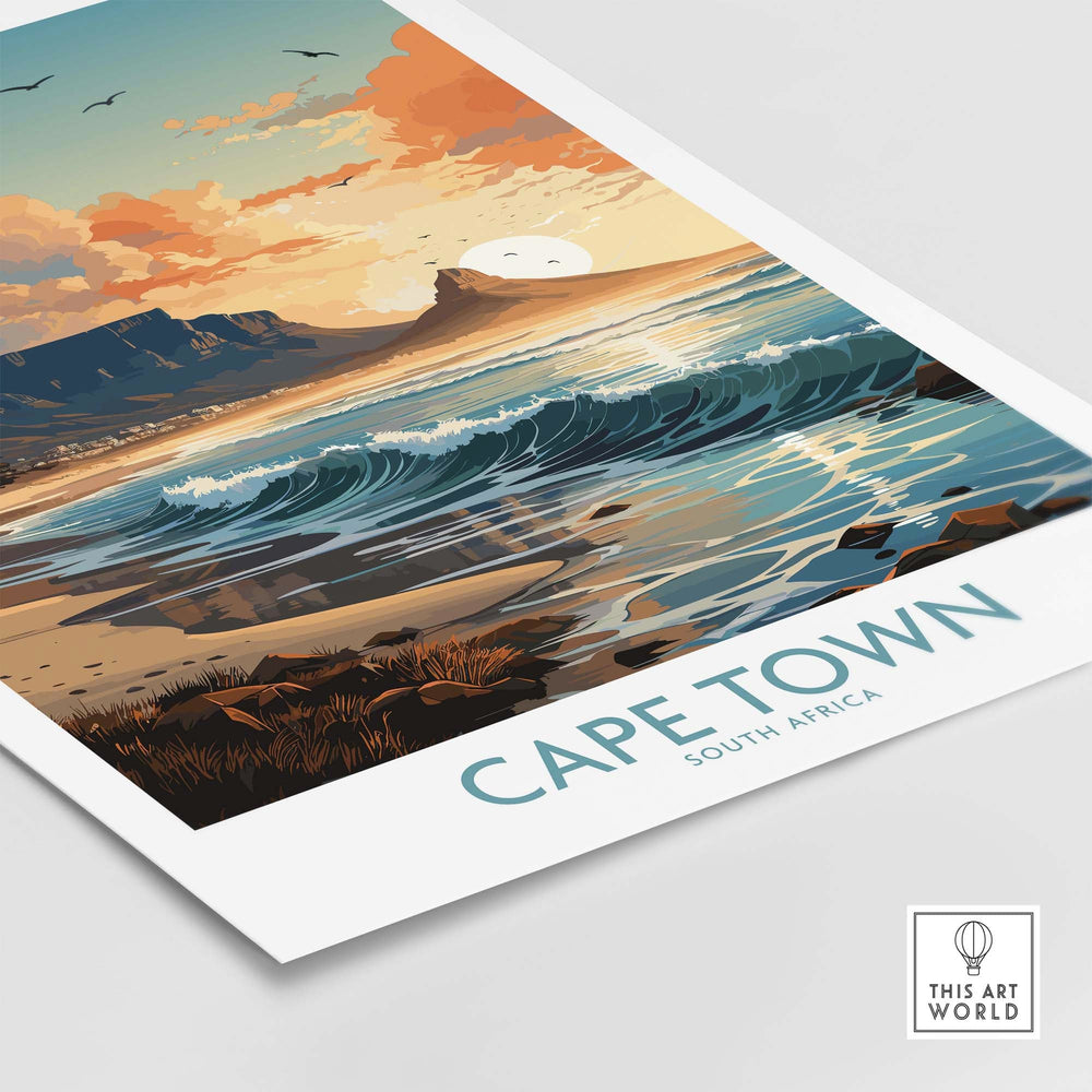 Colorful Table Mountain print showcasing Cape Town's stunning coastline and sunset, perfect for home decor or a gift.
