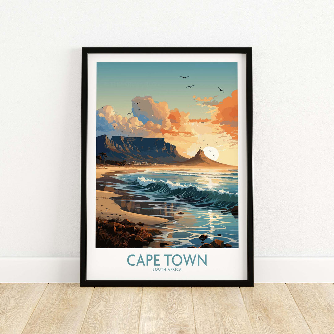 Table Mountain print showcasing Cape Town's beach at sunset, featuring vibrant colors and iconic landscape.