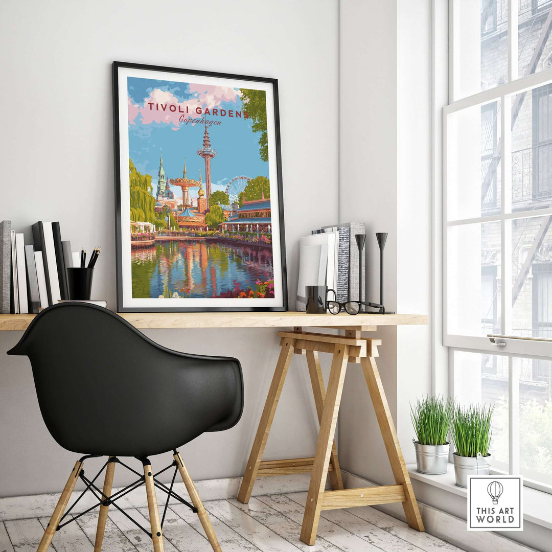 Tivoli Gardens Copenhagen wall art print displayed in a modern home office setting.