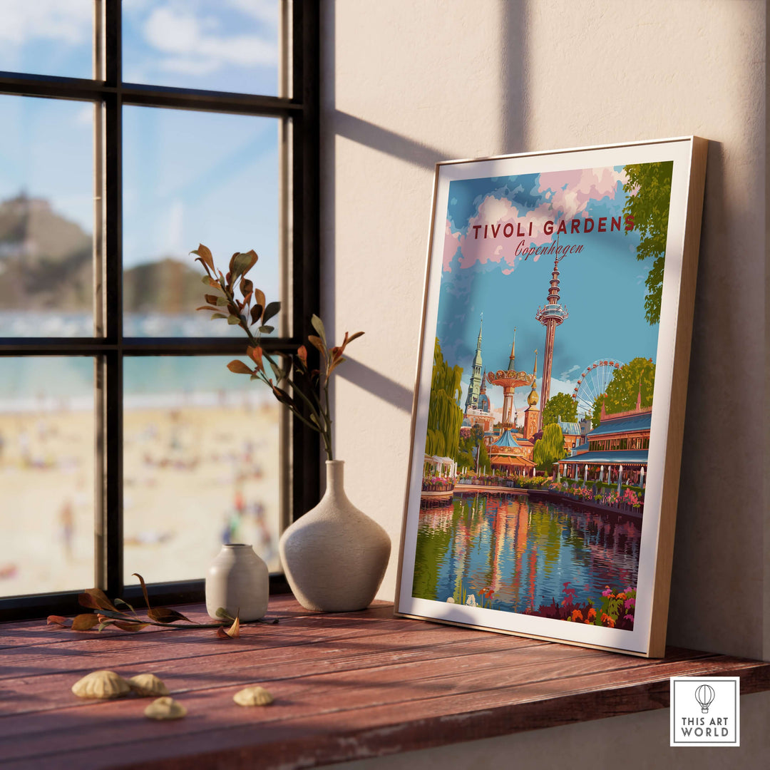 Tivoli Gardens Copenhagen wall art print showcasing vibrant colors and charm of Denmark's iconic amusement park.