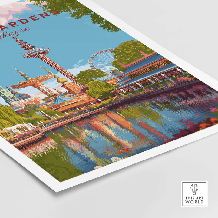 Tivoli Gardens Copenhagen wall art print showcasing the amusement park's vibrant colors and historic charm.