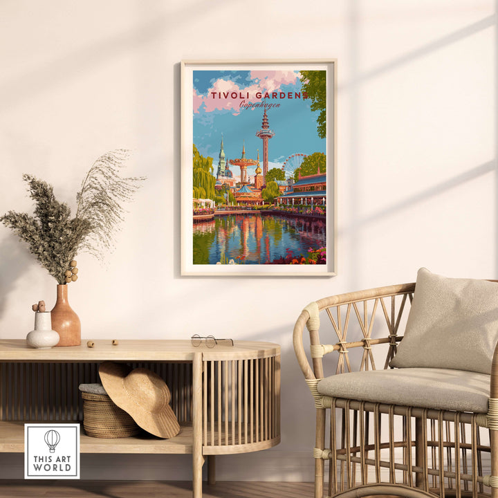 Tivoli Gardens Copenhagen wall art print displayed in a stylish living room setting with Scandinavian decor.