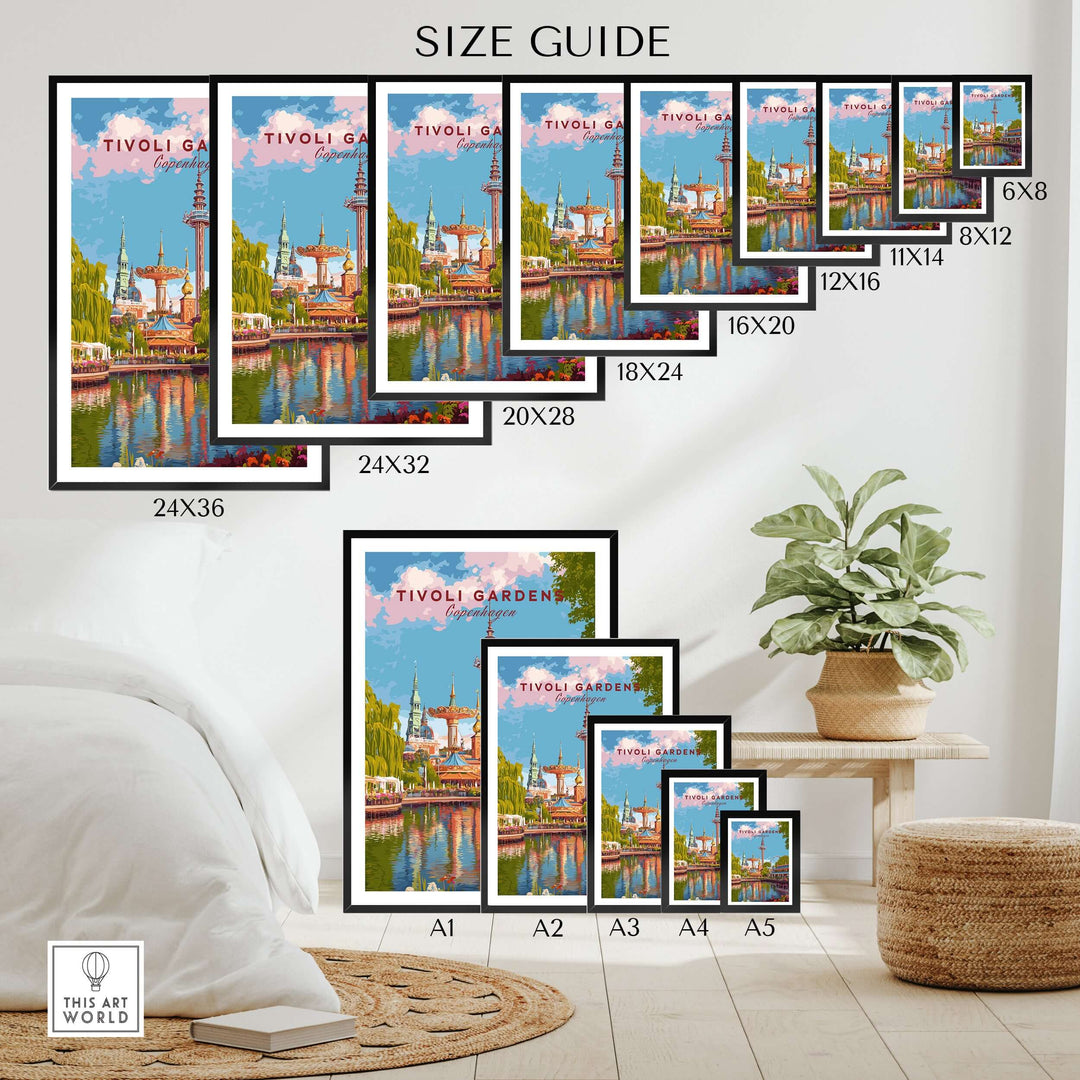 Size guide for Tivoli Gardens Copenhagen Wall Art Print, showcasing various frame sizes and print options.