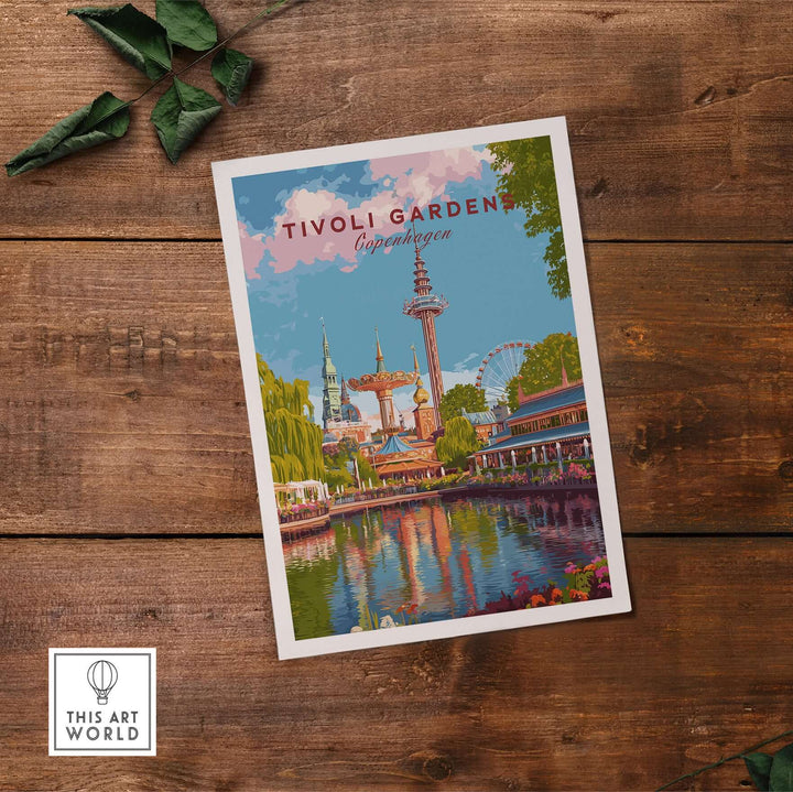 Tivoli Gardens Copenhagen wall art print showcasing vibrant colors of the iconic amusement park on wooden background.