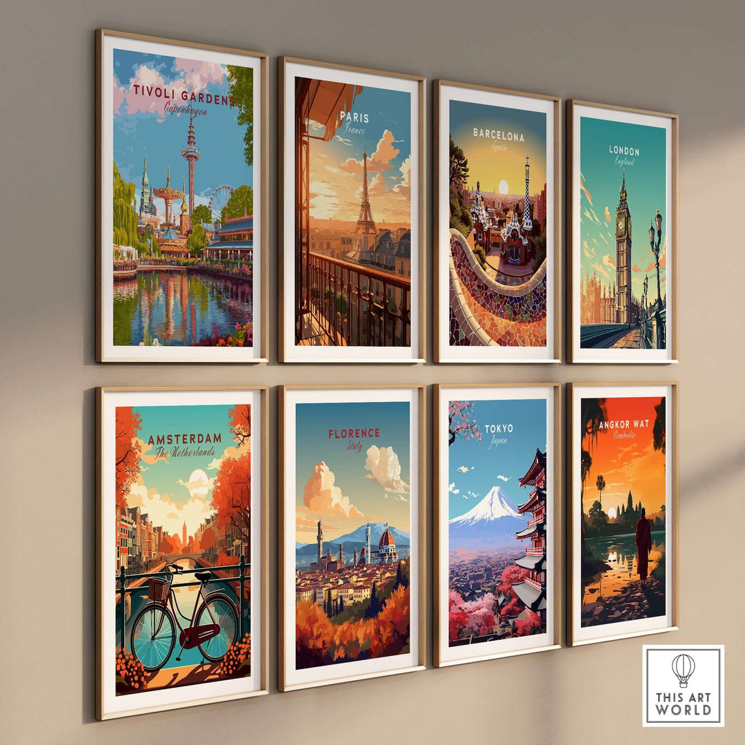 Collection of travel-themed wall art prints featuring iconic landmarks including Tivoli Gardens, Paris, and Tokyo.