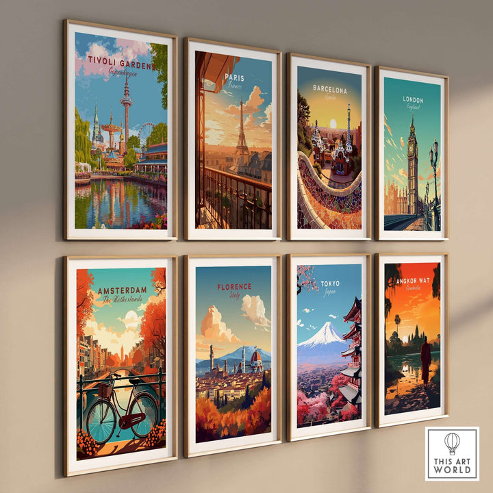 Collection of travel-themed wall art prints featuring iconic landmarks including Tivoli Gardens, Paris, and Tokyo.