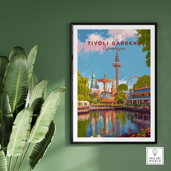 Tivoli Gardens Copenhagen wall art print featuring vibrant colors and charming amusement park scenery.