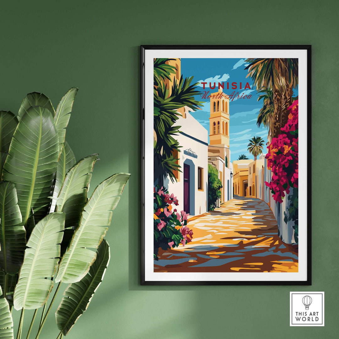 Tunisia art print poster featuring vibrant street scene with flowers and architecture, ideal for modern home decor.