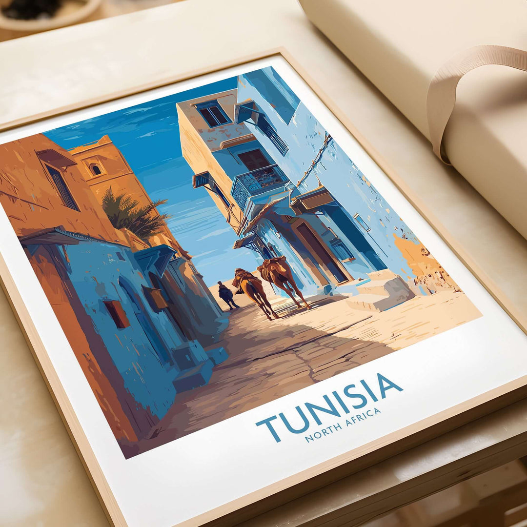 Tunisia poster featuring vibrant street scene with riders in old town, perfect North Africa wall art for home decor.