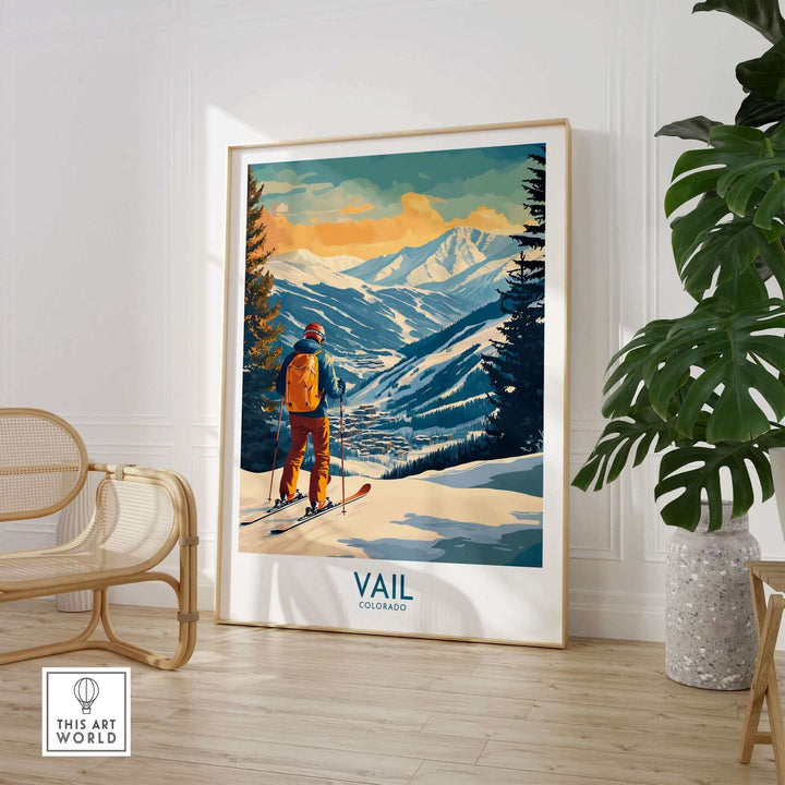 Vail Wall Art featuring a skier in Colorado's snowy mountains, perfect for ski and nature enthusiasts.