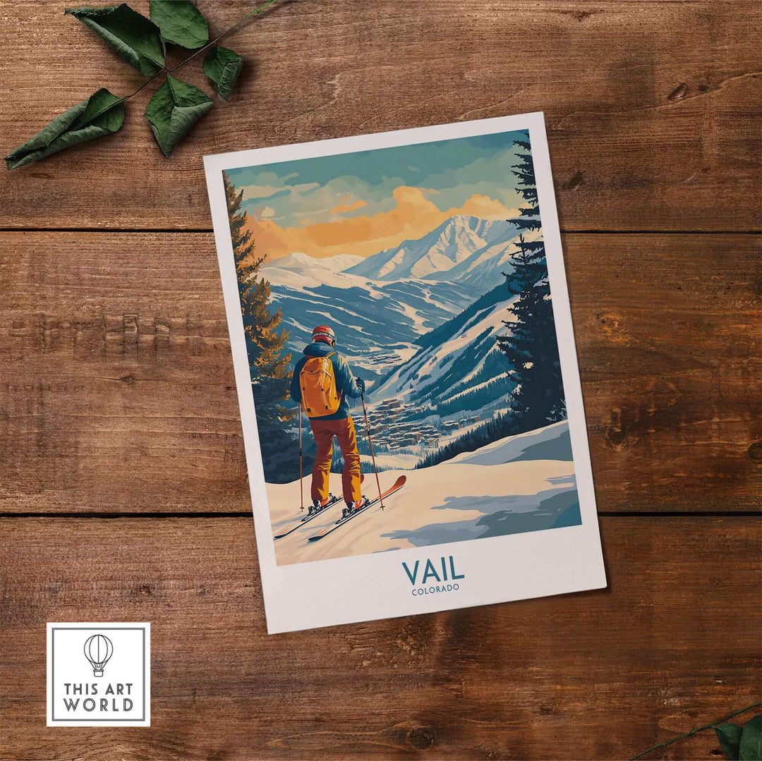 Vintage Vail wall art featuring a skier overlooking Colorado mountains, perfect for ski enthusiasts and rustic home decor.