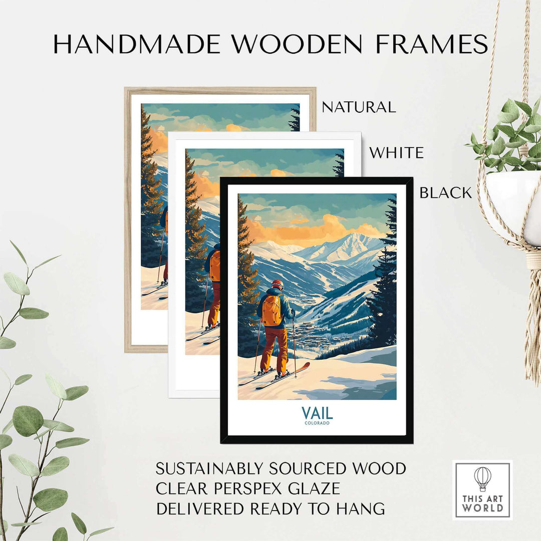 Vail Wall Art in handmade wooden frames with natural, white, and black options, featuring a Colorado ski scene, sustainably sourced.