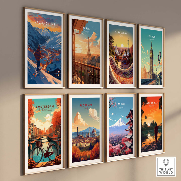 A collection of travel posters featuring Val Thorens, Paris, Barcelona, London, Amsterdam, Florence, Tokyo, and Angkor Wat.