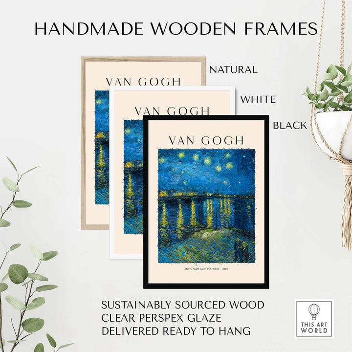 Handmade wooden frames in natural, white, and black for Vincent van Gogh art prints, ready to hang.