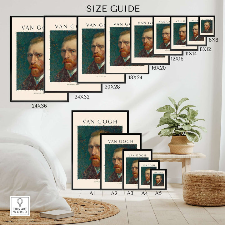 Van Gogh Self Portrait 1887 Size Guide with various print dimensions displayed on a stylish interior wall.