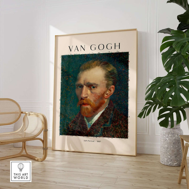 Vincent van Gogh 1887 self-portrait poster print featuring vibrant colors on a teal background in a modern art setting.