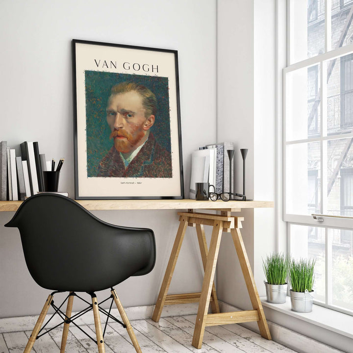 Vincent van Gogh 1887 self-portrait art print in modern workspace with chair and plants.