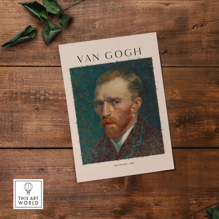 Vincent van Gogh Self Portrait 1887 poster print featuring vibrant colors and textured brushwork on a wooden background.
