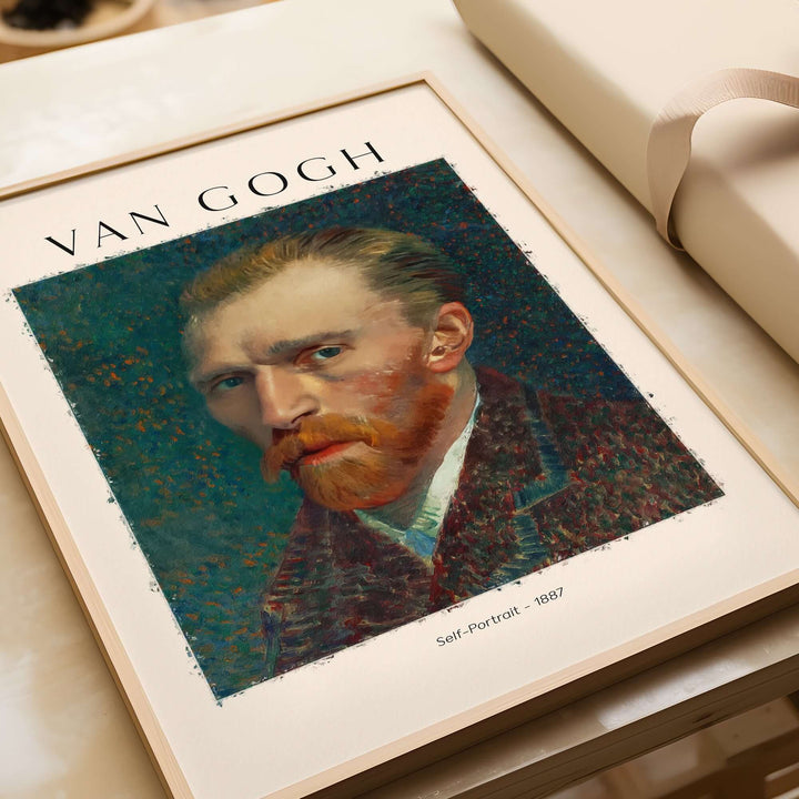 Vincent van Gogh 1887 self-portrait art print in a frame, showcasing Post-Impressionist style with rich colors.