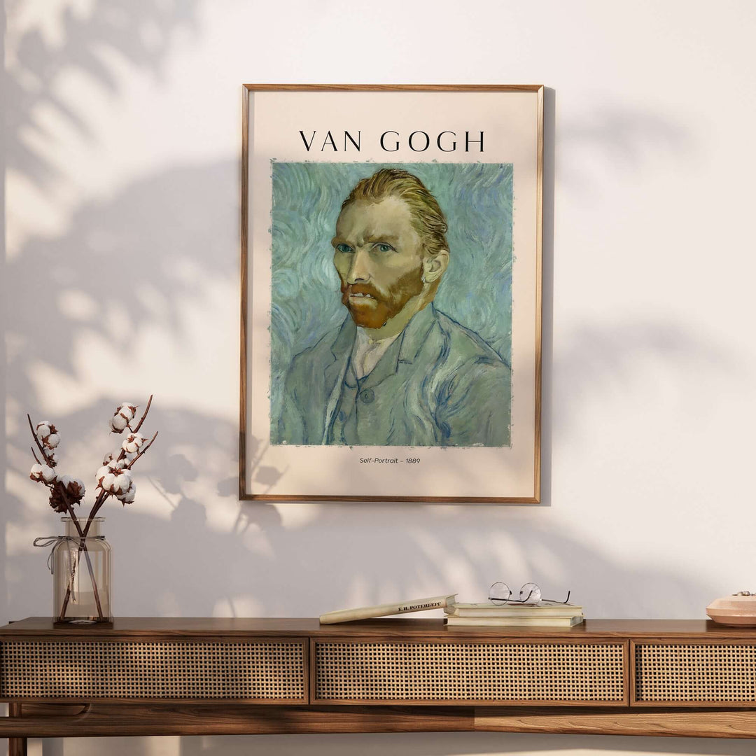 Vincent van Gogh Self Portrait 1889 art print framed on wall, showcasing expressive brushstrokes in blue and green.