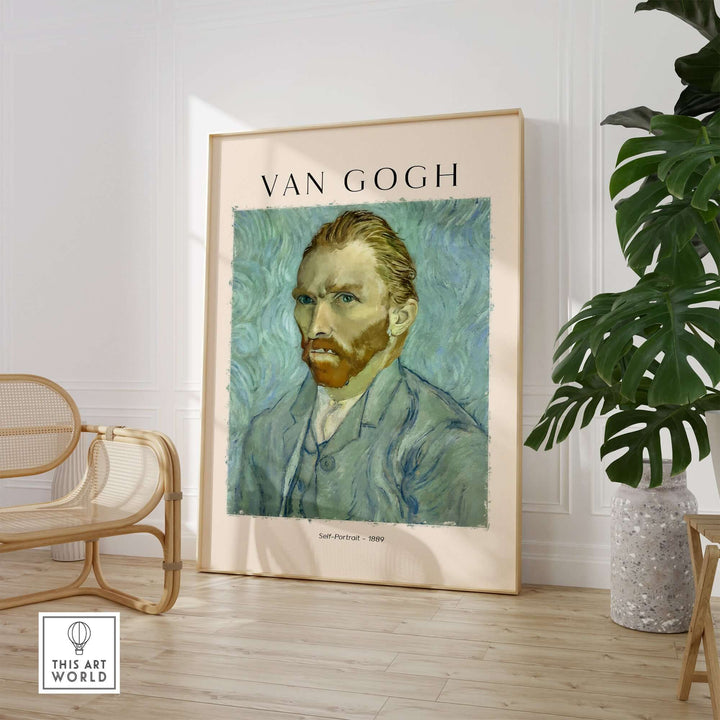 Vincent van Gogh Self Portrait 1889 art print in stylish living room with blue and green background.
