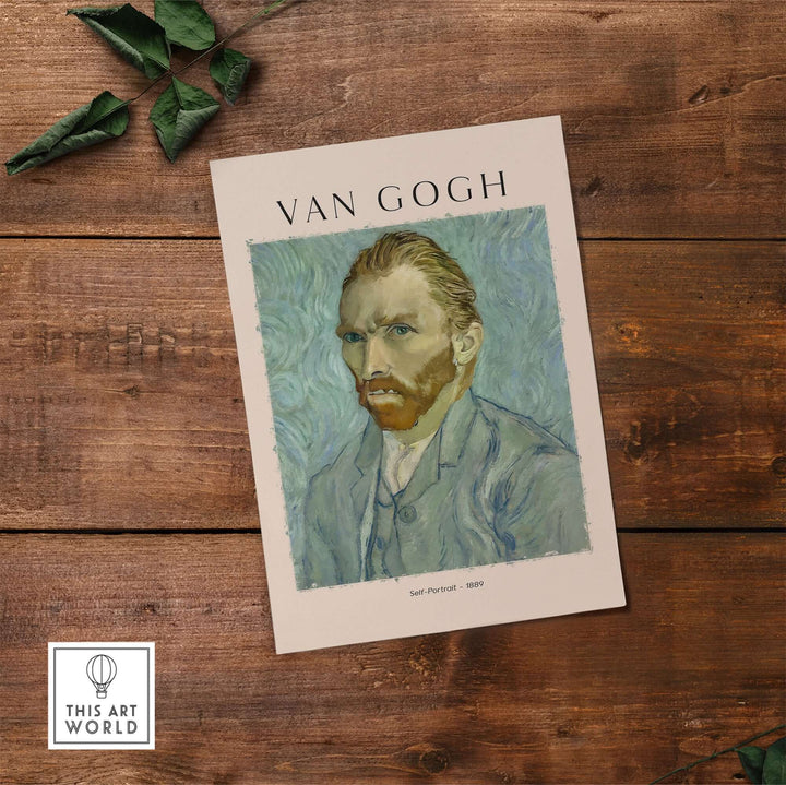 Vincent van Gogh Self-Portrait 1889 art print poster on wooden background, showcasing expressive brushwork and vivid colors.