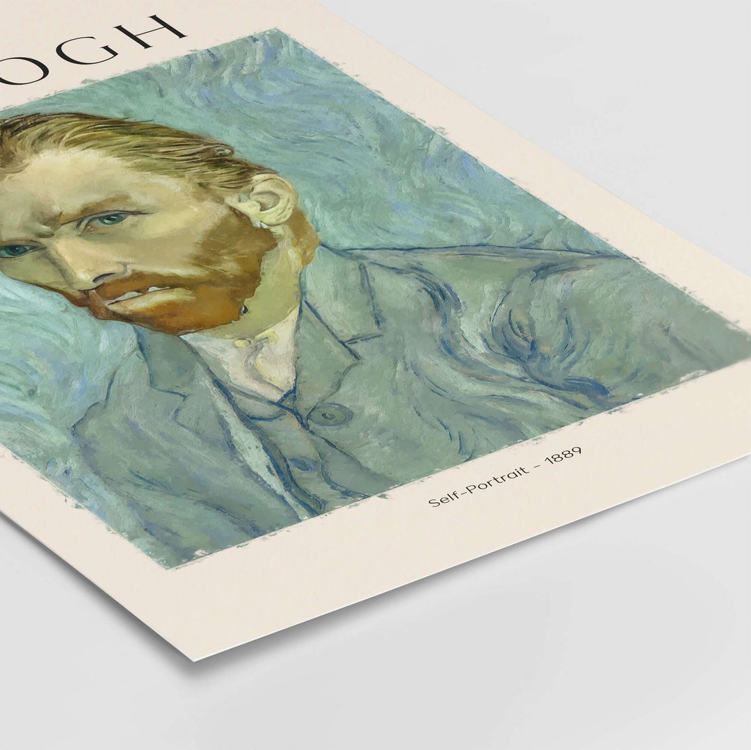 Vincent van Gogh Self Portrait 1889 art print featuring expressive brush strokes and vibrant blue background.
