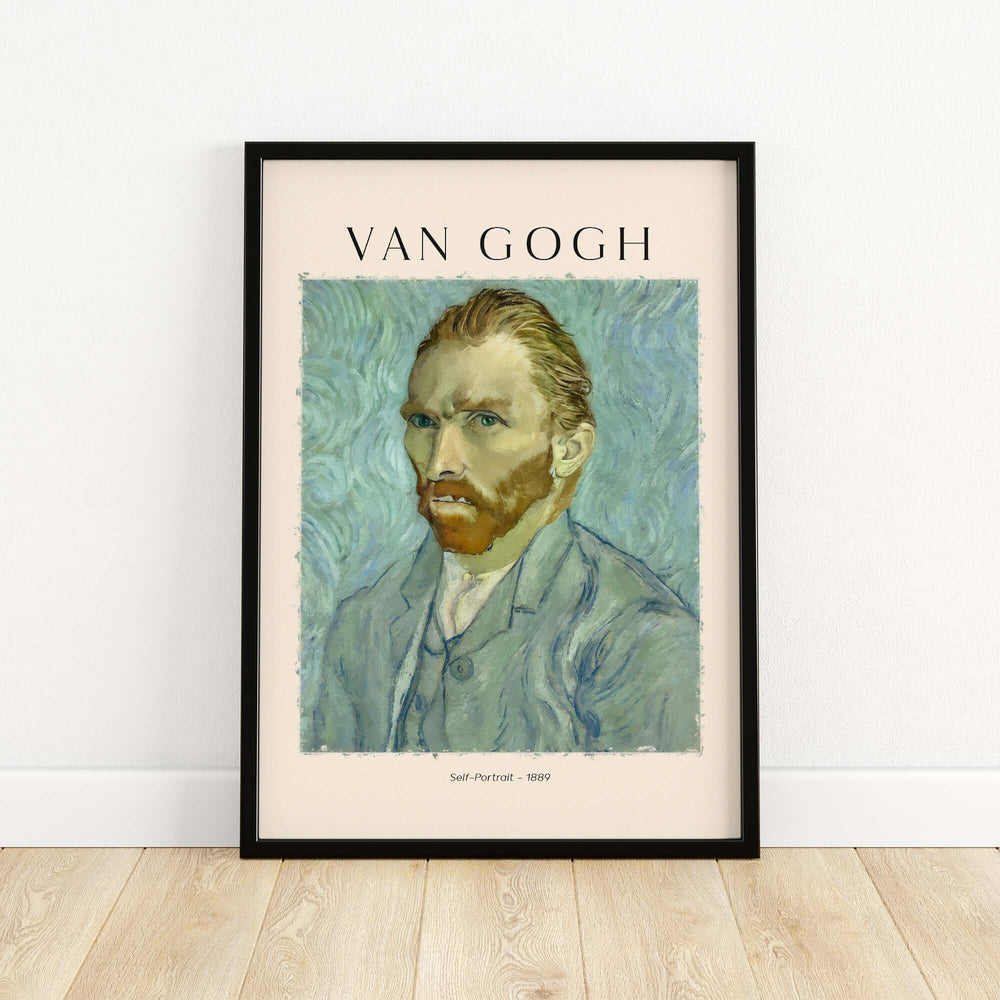 Vincent van Gogh 1889 Self-Portrait art print in black frame, featuring expressive brush strokes and vibrant colors.