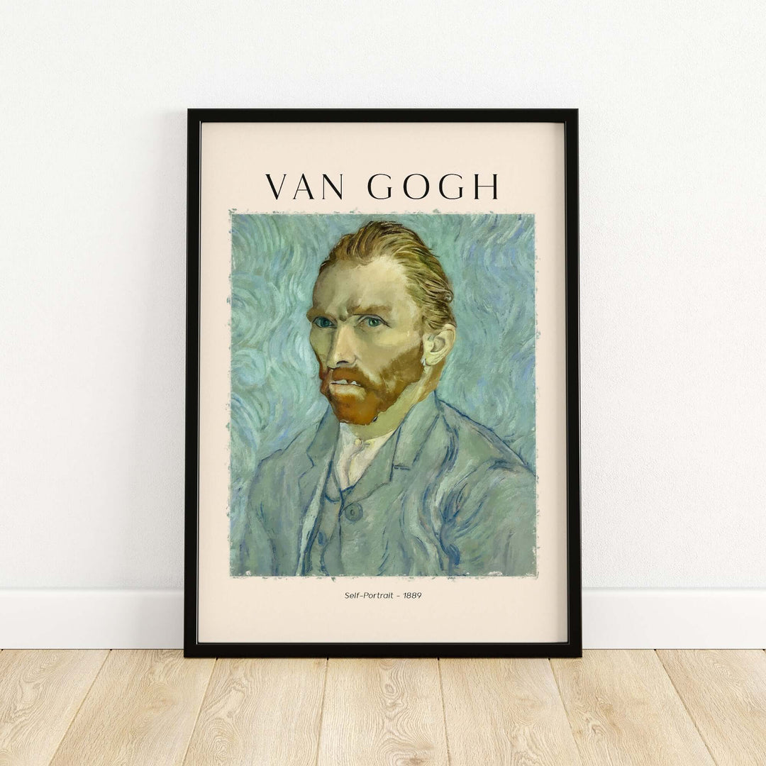Vincent van Gogh 1889 Self-Portrait art print in black frame, featuring expressive brush strokes and vibrant colors.